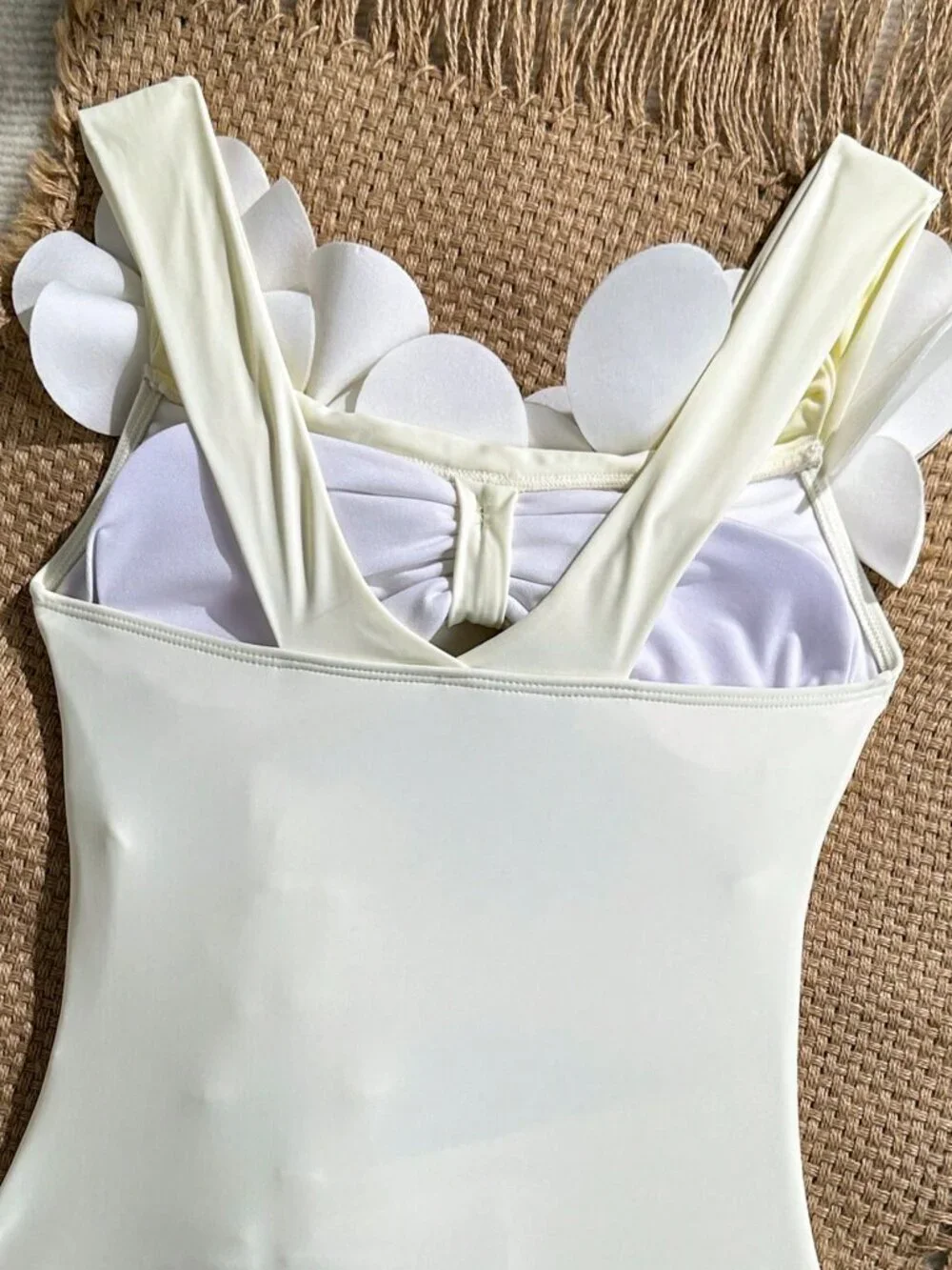 White Elegant Women's Beach 3D Floral Off-Shoulder Strapless Ruched Swimsuit